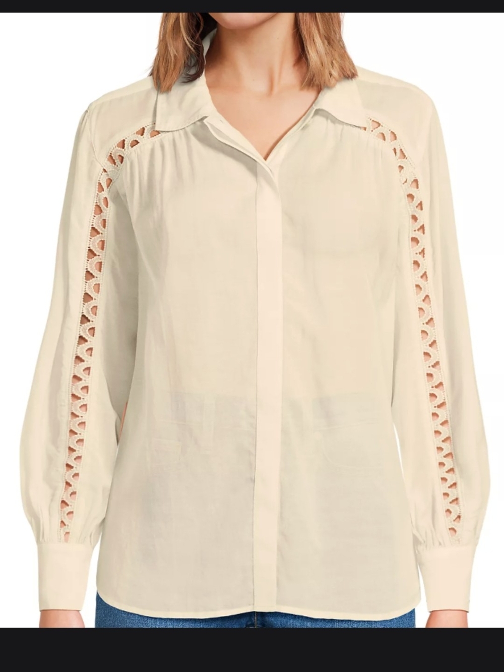 Lands' End Womens (S) Voile Shirred Trim Insert Shirt In Dried Bamboo (6-8) NWT